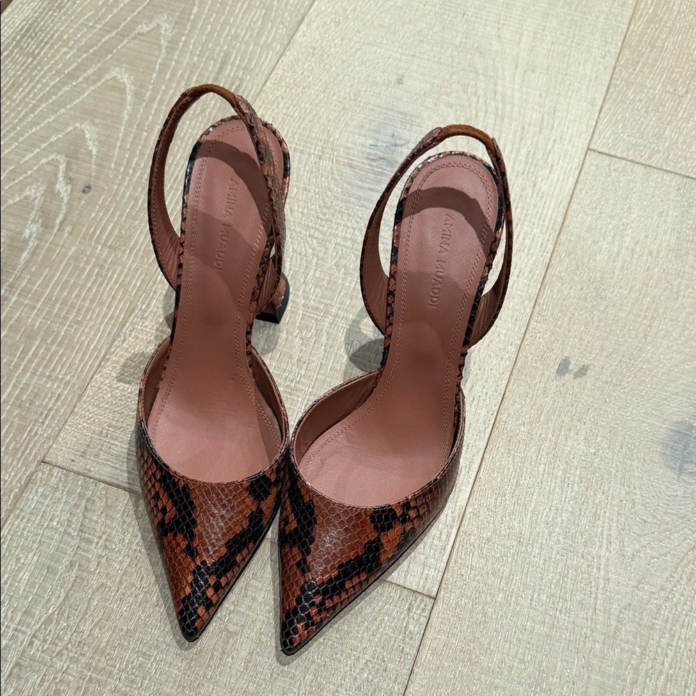Amina Muaddi Tan Snake Print Slingback Heels